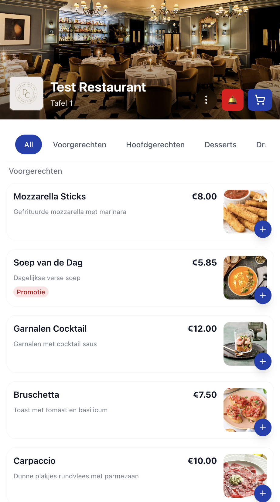 Menu scherm op mobiel
